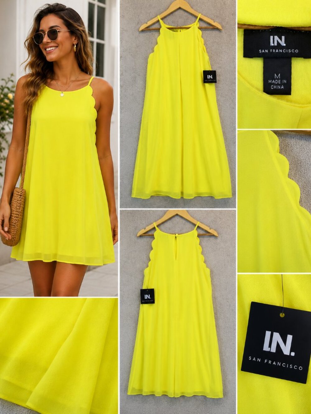 NWT I.N. San Francisco Neon Bright Yellow Shift Dress Scallop Trim M
